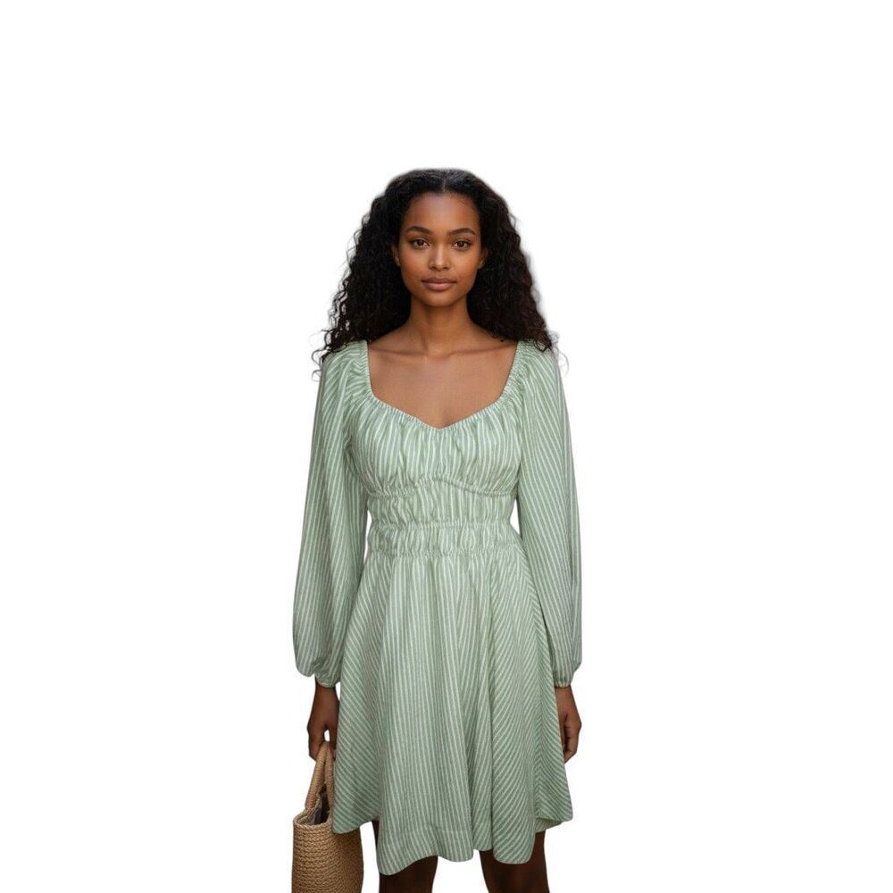 Maison Tara Light Green Striped Long-Sleeve Mini Dress